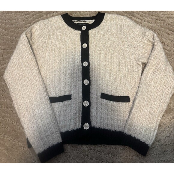 Tahari Cream And Black Button Up Cardigan Size Med - Picture 1 of 7